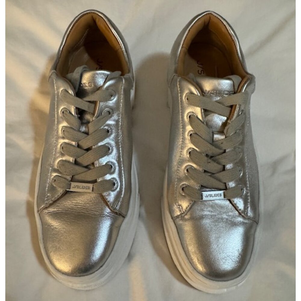 J Slides Silver Metallic Platform Sneakers, Size 8.5